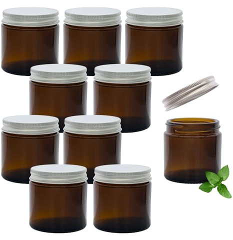 AVALON Pack of 10 x 60ml Amber Glass Cosmetic Jars with Aluminum Airtight Lids - Durable, UV Protective, Heat Resistant for Skincare, DIY Projects, and Container Candles
