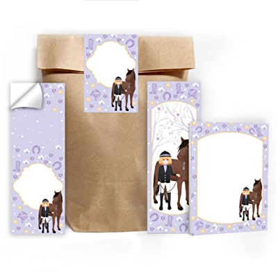 Junapack 12 Lesezeichen + 12 Mini-Notizblöcke + 12 Geschenktüten (Natur) + 12 Aufkleber Mädchen mit Pferd Mitgebsel Gastgeschenk beim Kindergeburtstag Mädchen