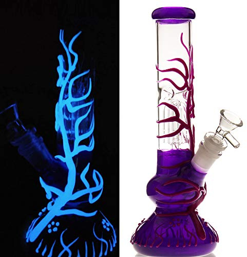 Purple Bong Glow in The Dark Glass Bong with Tornado Percolate, Small Glass Bongs with 14,5 mm Water Bong Bowl Glass Pipe for Smoking Pipe Hookah Bong Pipe