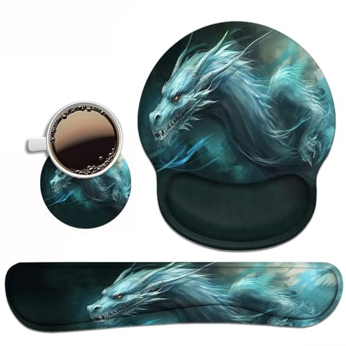 Tastatur-Handgelenkauflage und Mauspad, Handgelenkstützen-Set mit Untersetzern, ergonomisches Gaming-Mauspad, rutschfeste PU-Basis für Zuhause, Lernen, einfaches Tippen und Schmerzlinderung – Drache