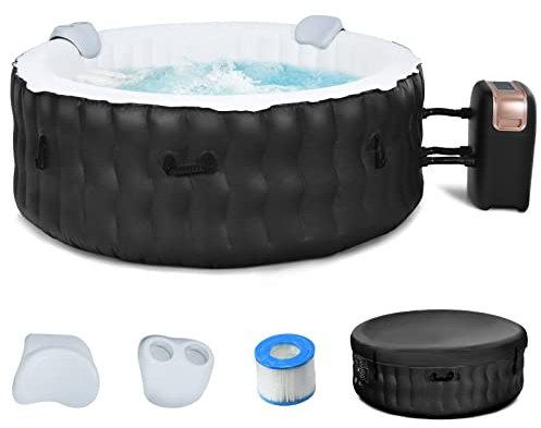 COSTWAY 4-6 Person Hot Tub Spa, 108 Bubble Jets Outdoor Inflatable Hot Tubs with Headrest, Drink Holder, Pool Cover and Ground Sheet, Quick Heating Smart Filtration Round Hottub (Black)