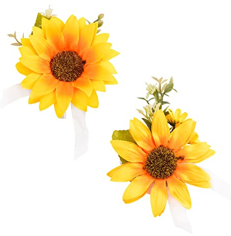 URROMA Künstliche Sonnenblumen-Ansteckblumen, Ansteckblume für Hochzeit, Handgelenk, Ansteckblume für Braut, Bräutigam, Brautjungfer, Trauzeugen, Hochzeit, Zeremonie, Jahrestag, Abschlussball, 2 Stück