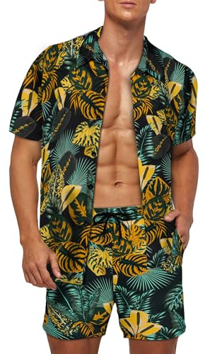 Wirltte Mens Hawaiian Shirt and Shorts Set Tropical Floral Print 2 Piece Outfits