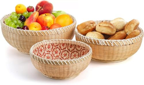 Elsjoy 3er-Set Runde Rattan Obstkörbe, Korb Geflochten Runder Rattan Servierkorb Weidenkorb für Obst, Gemüse, Kartoffeln, Stapelbar 24,5/21/ 18,5 cm