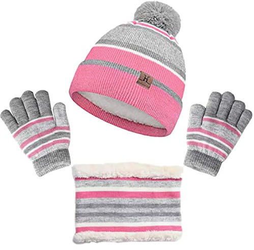 IHCEMIH Winter Beanie Hat Scarf Gloves Set 3 in 1 Girls Boys Knitted Cap Neck Warmer Magic Mitten Fleece Lining Thermal 3pcs Winter Accessories Sets Sports Outdoor Gifts for Children Kids Pink