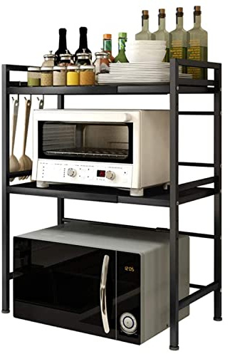MINGYI Étagères Télescopique Cuisine 2 Niveaux, Étagère Rangement Cuisine Longueur Réglable (40-64) cm, Support Au-Dessus Four à Micro-Ondes, Étagères à Épices 2 Niveaux, Noir (40-65)×36,5×78 cm