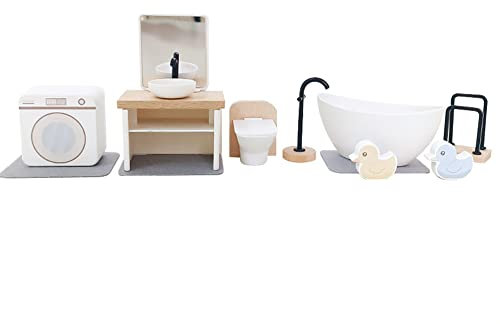 LICHENGTAI Puppenhaus Möbel und Zubehör, Puppenmöbel Kinderzimmer Puppenhaus Ausstattung Holz Puppen Möbel Set Miniatur Puppenhaus Zubehör Badezimmer Schlafzimmer Wohnzimmer