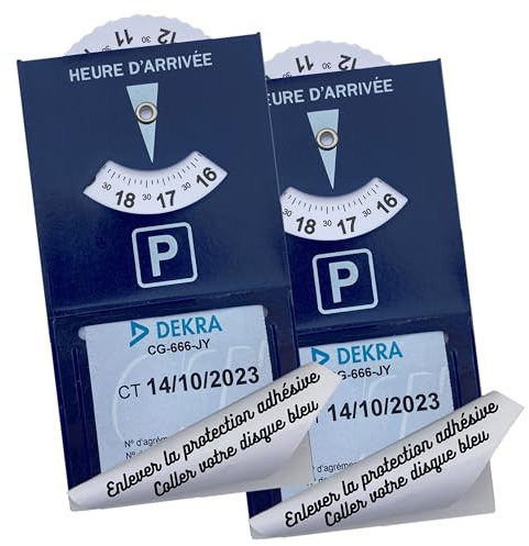 Set di 2 dischi di parcheggio adesivi per zona blu | formato 2 in 1 | porta vignetta controllo tecnico | disco orodatore | materiale anti UV | dimensioni 12,5 x 7 cm | marca francese ©