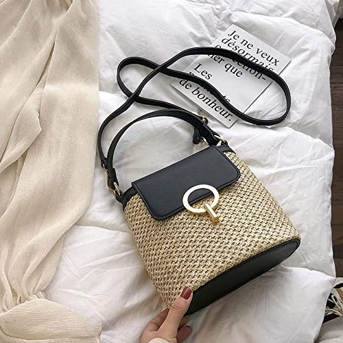 Volu Strohtasche Lässige Ketten Stroh Eimer Taschen Frauen Sommer Umhängetasche Rattan Taschen Strand Dame Reise Geldbörsen Und Handtaschen Umhängetasche,Schwarz,20x10x21cm,incomparable123