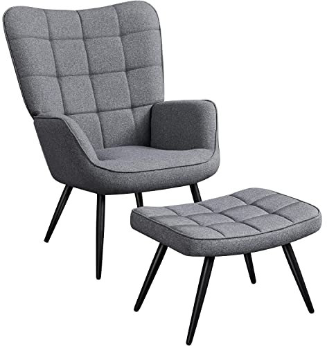 Yaheetech Relaxsessel mit Hocker Lehnstühle Vintage Retro Sessel Polstersessel Ohrensessel fürs Wohnzimmer Dunkelgrau