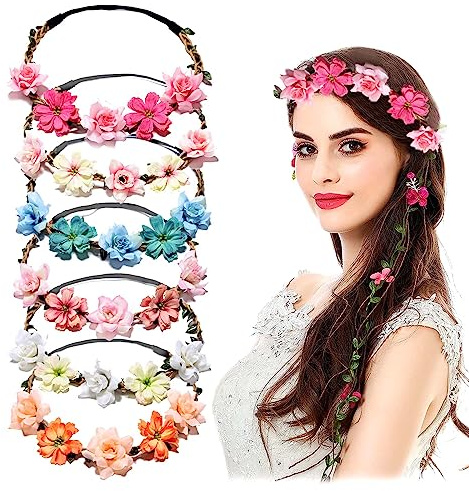 MUNSKT 6 diademas elásticas de corona de flores para mujeres y niñas, corona de pelo multicolor, accesorios de festival bohemio para bodas, fiestas y vacaciones
