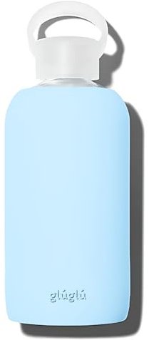 glúglú - Botella de agua de cristal 600ml reutilizable, sin BPA, con funda de silicona antideslizante - Ideal para deporte, gimnasio, yoga, senderismo y actividades al aire libre (Azul cielo)