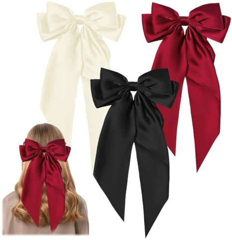 GWAWG 3Pcs Big Bow Hair Clip French Hair Clip Big Bowknot Hairpin with Long Silky Satin Solid Color Tail White and Black and Red for Women Girls Barrettes Hair Fastener Accessories
