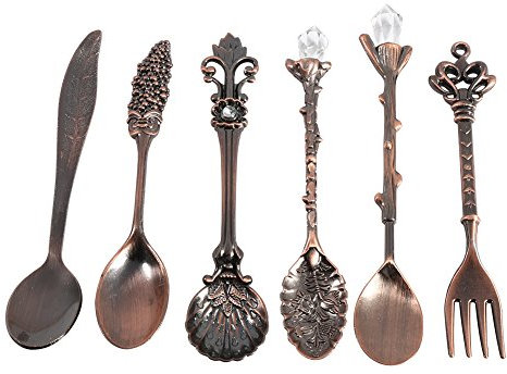 Cucharas Vintage Tenedor, 6 Piezas Cubiertos Cuchara Vintage Metal Mini Vajilla Tallada Cuchara de Fruta Postre Café Cuchara Mezcladora para Cocina Comedor Bar Dulce(Latón antiguo)