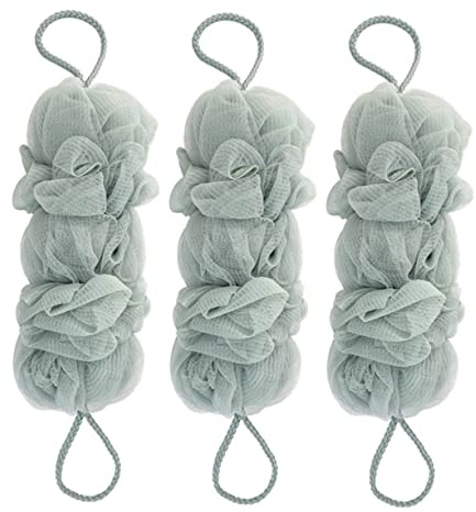FRCOLOR Set 3 Pezzi Spugne da Bagno a Forma Lunga in Poliestere Manico per Scrub Corpo e Doccia, Igieniche e Facili da Conservare, per Bagno la Doccia