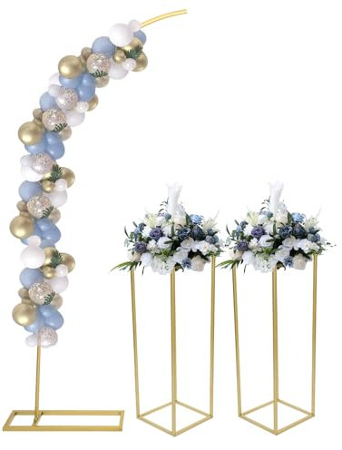 Soporte de metal para fondo de arco de boda, soporte para globos de medio arco y 2 rectángulos de flores, marco para globos de flores, juego de marcos para bodas, fiestas, eventos (dorado, 27 x 27 x