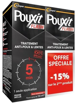 POUXIT - Flash - Lotion Spray Anti-poux et lentes - Agit en 1 Application de 5 Minutes Seulement - Traitement du Cuir chevelu - Lot de 2-2x150ml