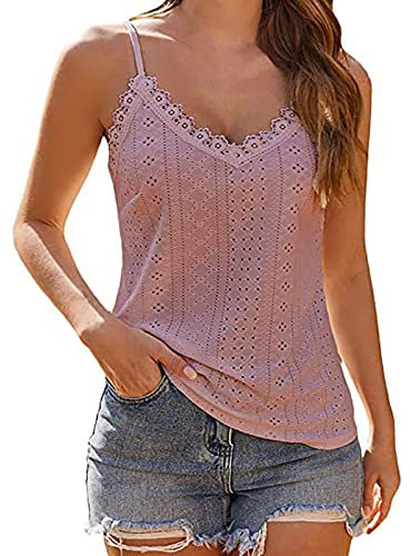 Womens Summer Tops Women's Sleeveless Cami Crop Top Camisole Lace Trim V Neck Spaghetti Strap Tank Tops for Women Girl Ribbed Rave Clothes Yoga Bra Tops for Women UK Tee (Pink, S)