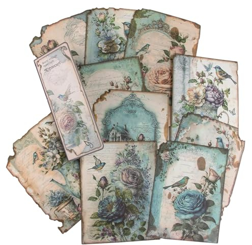 30 Stück Vintage Aesthetic Sticker für Scrapbooking, Material Dekoratives Papier, für Album, Tagebuch, Bullet Journal DIY (10 Arten von Bildern, 3 von jede) Thema Blumen und Vögel, Cyan
