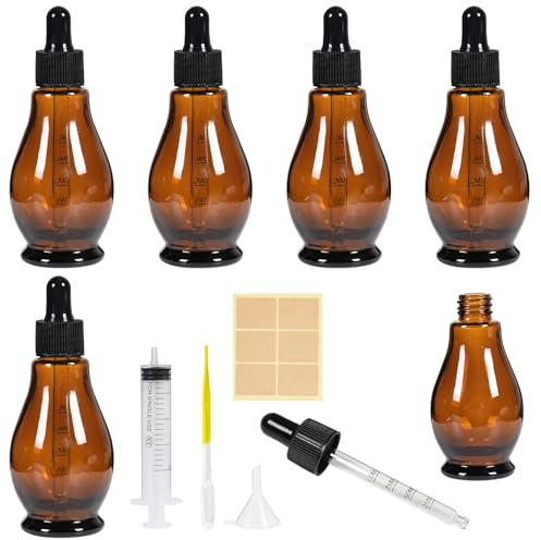 Nadisean 6 Stk Pipettenflasche Glasflasche 50ml Braunglas, Birnenform | Fläschchen mit Pipette, Apothekerflasche Braunglasflasche mit Tropfenpipette, Trichter, Glas Tropfflasche für Ätherische Öl