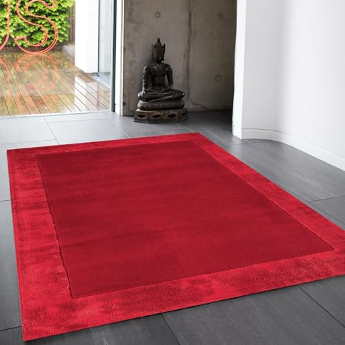 Lord of Rugs Ascot Rug for Living Room Bedroom Soft Wool Plain Hand Woven High Shine Viscose Bordered Rug Red Small 80x150 cm (2'6x5')