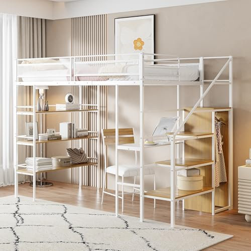 MYBOO Kinderbett Hochbett 90x200 cm, Metallbett Einzelbett mit dreilagigem Ablageregal, Schreibtisch, Kleiderschrank, Sicherheitsstufen mit Ablagefach, Etagenbett Eisenbett mit Rausfallschutz, Weiß