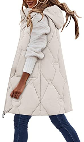 Akgukrseh Women's Quilted Gilets Sleeveless Padded Quilted Jacket Funnel Neck Longline Soft Bubbly Gilet Longline Hooded Waistcoat Gilet Female Outdoor Windproof Parka Outwear