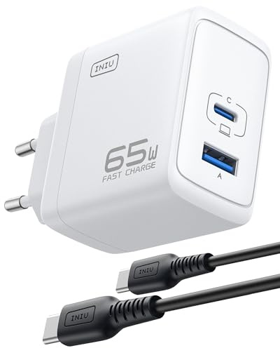 INIU USB C Ladegerät, 65W 2-Port Laptop Schnellladegerät mit 1.5m Kabel | Fortschrittlicher Schutz, Klappbarer, GaN, Laptop Ladegerät für MacBook Pro, iPad, iPhone 17 16, Samsung S25, Switch 2 etc