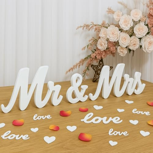 Mr & Mrs Deko Hochzeit Und 100 Pcs Hochzeitsdeko, Herzförmige Tischdeko Hochzeit, Holzbuchstaben Weiß Für Streudeko, Dekoset Für Die Dekoration Von Hochzeitsfeiern