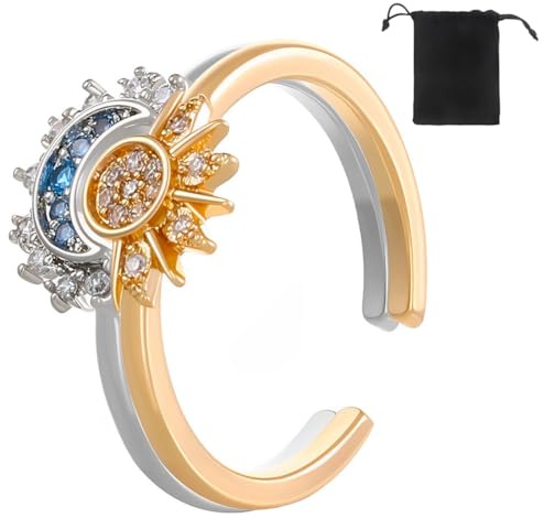 VYIBPDY 2 Pièces Bagues Motif Lune Soleil Scintillant,Bague Femme, Bague Soleil et Lune, Bague Or/Argent, Bague en Forme de Lune et de Soleil, Bague d'amitié, pour Femme, Couples