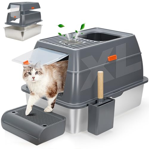 WANTRYAPET Caja de arena para gatos de acero inoxidable con tapas, caja de arena cubierta cerrada para gatos grandes, extra grande, antifugas, doble entrada, XLDarkGrey