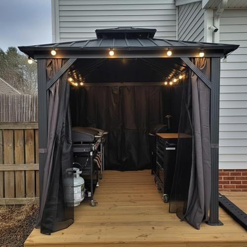 PURPLE LEAF Gartenpavillon 2.4 x 2.4 m LED Licht Alu Rahmen Basisch, Grau | Bruchsichere Licht, Alu-Rahmen Pulverlack, Doppeltes Hartdach, Garngefärbter Stoff Vorhänge, Teslin-Netzgewebe, Feste Haken
