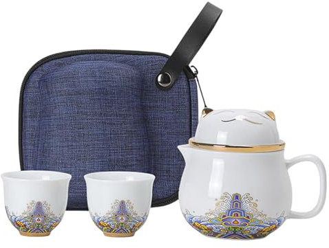 JINGLING Teapot Set with Tea Strainer, Ceramic Teapot Set, Tea Cup Set, Portable Lucky Cat Teapot Set, Shockproof Porcelain Tea Cups with Infuser for Travel and Home