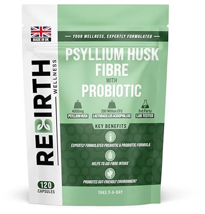 Psyllium Husk Fibre Supplement 4000mg with Probiotic Acidophilus – 120 Capsules, High Fiber Supplement for Digestion & Gut Health,3rd Party Lab Tested, UK Made by Rebirth Wellness