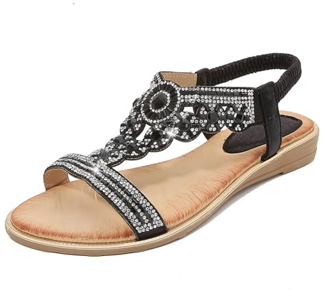 Sandales Femme Été Plates Sandales Strass Bohème Sandales Confortable Noir