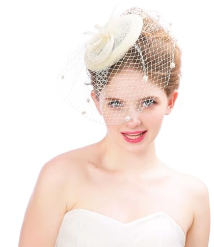 SIQITECHUK Fascinator für Damen, Hut mit Schleier-Netzbändern, Vintage-Stil, Pillbox, Hut, Hochzeit, Cocktail, Tee, Party, Kopfbedeckung, elegante Braut-Haarspange, cremefarben, Einheitsgröße