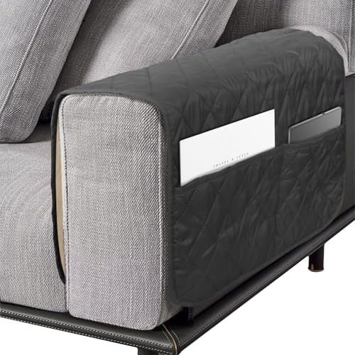 Srvillg Armrest Chair Cover, 1pc Black Sofa Armrest Covers, Waterproof Armchair Covers with Pockets for Arms Recliner Chairs Sofas (Dark Grey)