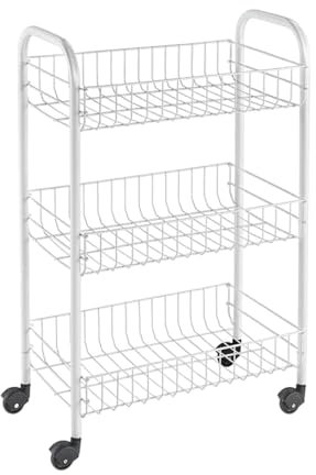 Acomoda Textil – Carro Auxiliar de Almacenamiento con Ruedas 62x26x38 cm para Cocina, Hogar y Restaurante. Carrito de Metal Organizador Multiusos de 3 Niveles Ligero y Resistente. (Blanco)