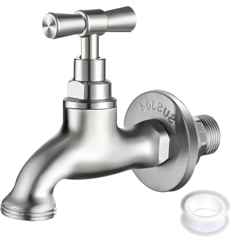 Wasserhahn Garten 304 Edelstahl,Auslaufhahn 1/2'' Anschluss mit 3/4'' Adapter, Wasserhahn Auslaufventil,SUS304 Edelstahl,Wasserkran für Innen & Außen