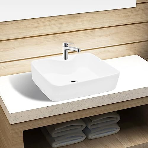 Lavabo da Appoggio in Ceramica Bianca, Design Quadrato con Foro Rubinetto, Per Bagno o Toilette, 480 x 370 x 135 mm