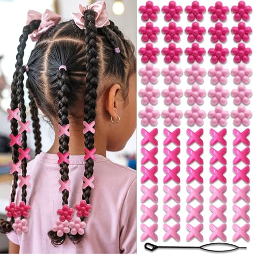Auroriel 60 stycken blommor hårpärlor för barn flickor färgglada fläta pärlor rosa ljusrosa blandad form med gängningsverktyg