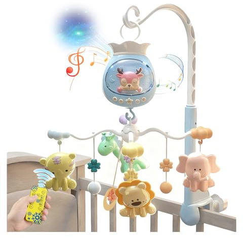Baby Mobile Lettino musicale e luci a 360° Carillon Baby Mobile per letto Controllo remoto con stella Proiettore & Timing Giocattolo da appendere Animali Sonaglio, massaggiagengive a partire da 0 – 24