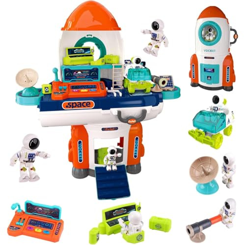 BAKAJI Playset Razzo Spaziale Giocattolo per Bambini Smontabile e Apribile con Tantissimi Accessori, Navicella per lo Spazio con Astronauti per Ragazzi Giocattoli Educativi, Idea Regalo