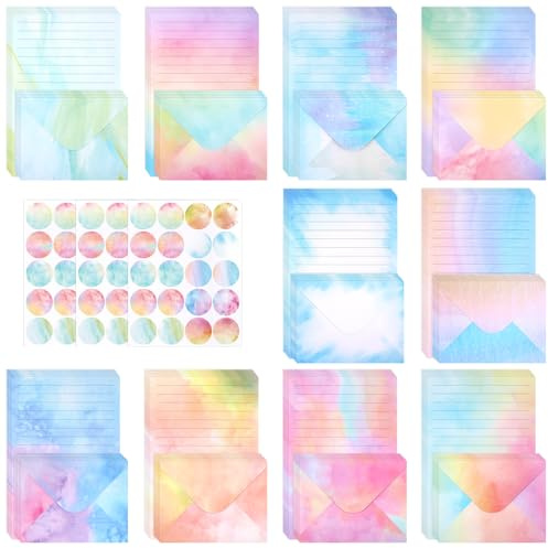 160-Piece Watercolour Writing Paper and Envelopes, 50 Lined Letter Paper and 50 Envelopes with 60 Round Stickers, Letter Writing Set for Valentine’s Day, Birthday, Office, and Invitations