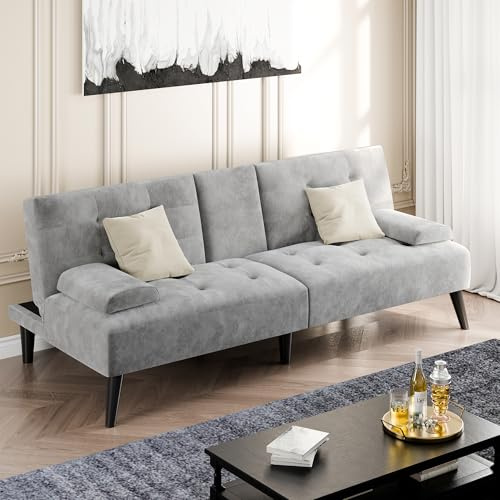 Shintenchi Futon Sofa Bed, Velvet Foldable Couch Reclining Sleeper w/Removable Armrests, Upholstered Loveseat w/Folding Cup Holders for Home, Office, Light Gray