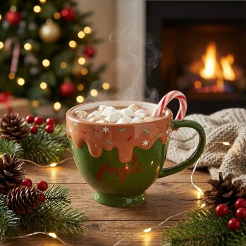 MIJOMA Taza navideña de cerámica, 350 ml, diseño de Navidad, con decoración de hielo, taza festiva para invierno, cacao y vino caliente (verde Jingle)