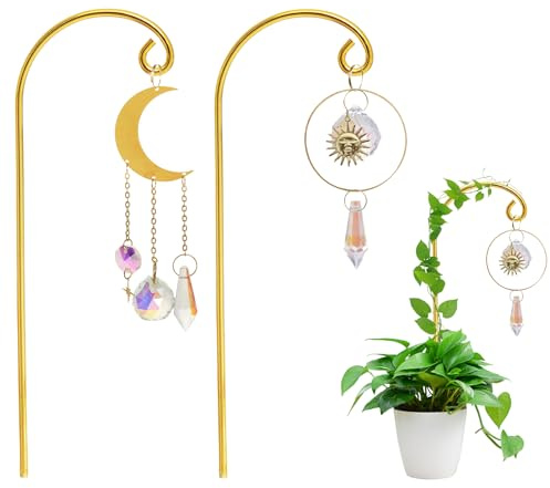 Wasise Plant Gifts – Lot de 2 treillis en cristal avec support en métal, attrape-soleil et lune dorés, accessoires pour plantes en pot, mini plantes en pot, cadeaux pour amoureux des plantes