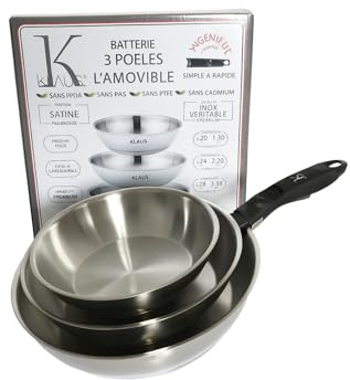 Juego de 3 sartenes de acero inoxidable de alta calidad, inducción y horno, mango extraíble, cocina saludable, 20/24/28 cm