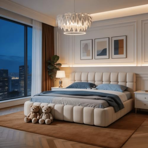HYNHXBP Lit Bulle 160x200 cm, Lit Double avec Tête de Lit Rembourrée, Cadre de Lit Bas Capitonné en Tissu Lin, Sommier à Lattes Inclus, sans Matelas(Beige, 160 x 200 cm)