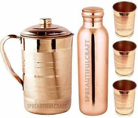 HRS India - Brocca per acqua in puro rame, 2 litri, fatta a mano, 900 ml, 3 bicchieri in vetro, set da 4